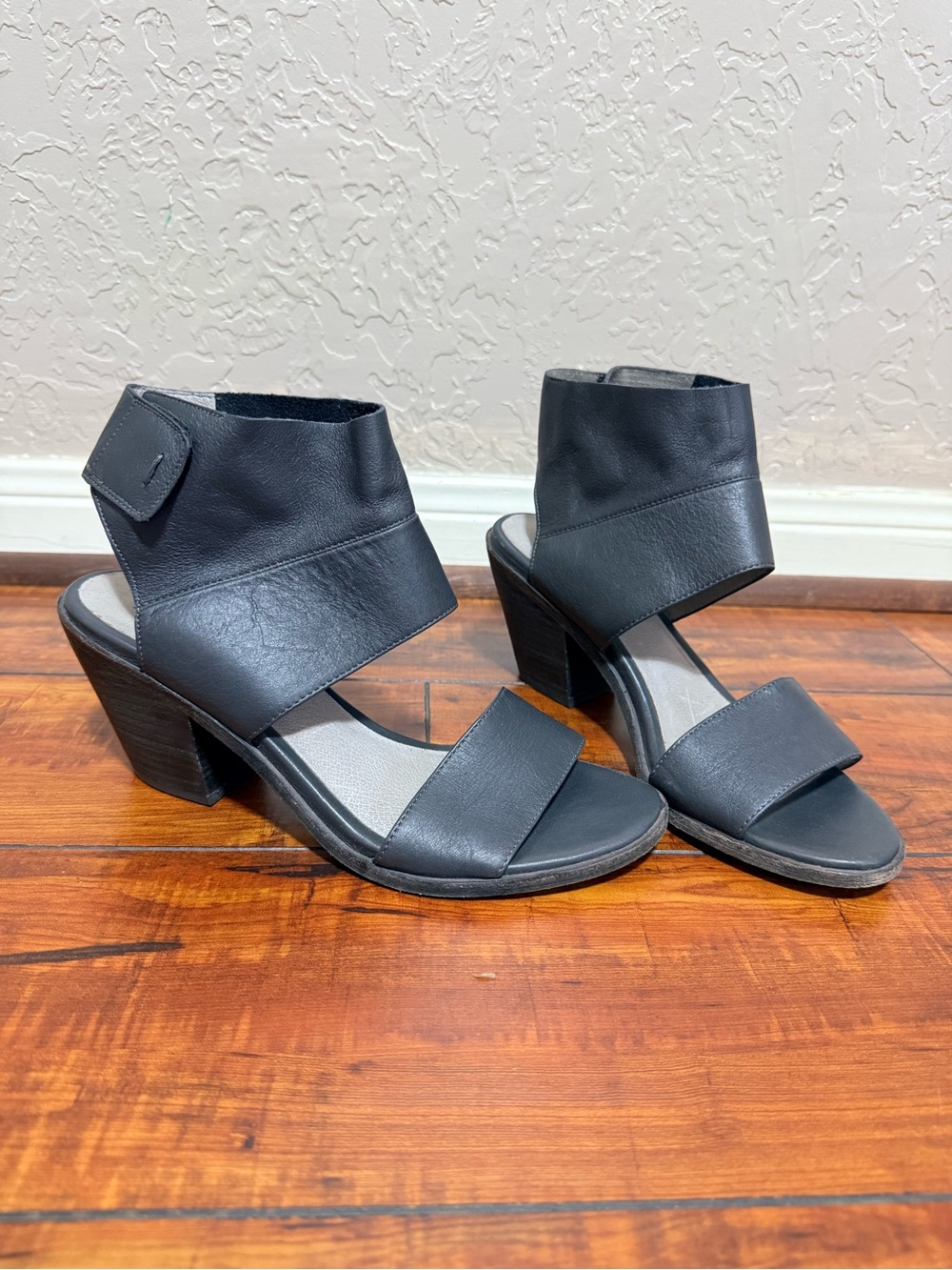 Eileen Fisher Black Leather Ankle-Strap Block Heel Sandals